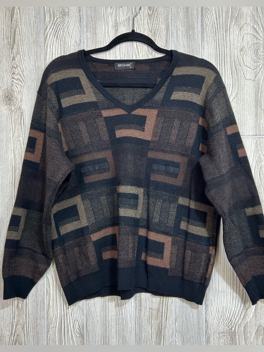Vintage St. Croix V-neck Knit Wool Sweater Geometric Abstract Block Pattern L